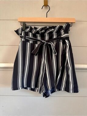 Walter Baker Navy & White Vertical Stripe High-Waist Tie Shorts